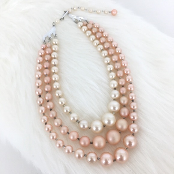 Vintage Jewelry - Vintage 60’s Signed Japan Faux Pearl 3 Strand Necklace Light Peach/Pink Retro